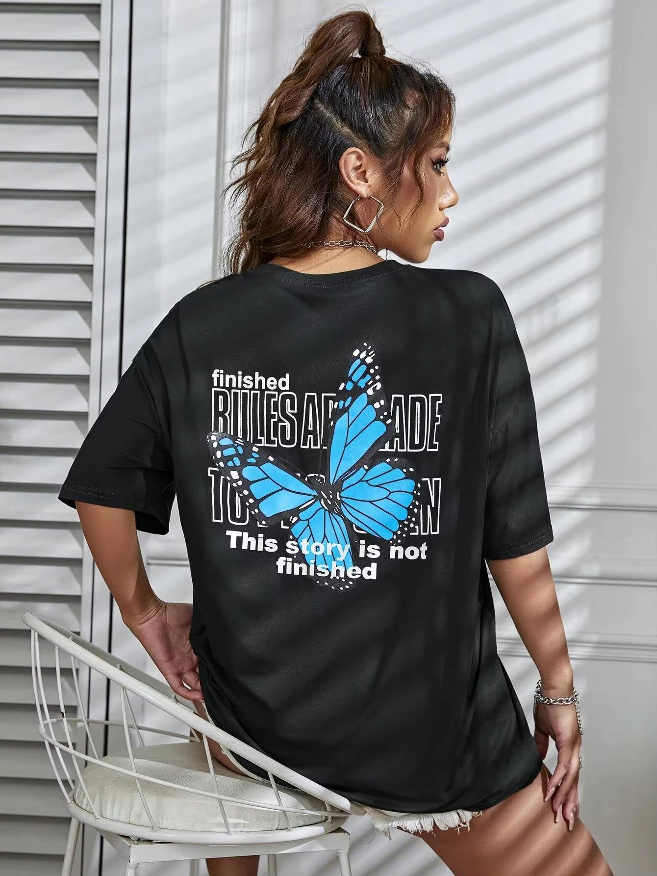 Women's Casual Cotton Short Sleeve T-Shirt - Art Word & Blue Butterfly Print | Breathable Summer Streetwear Top for Everyday Comfort