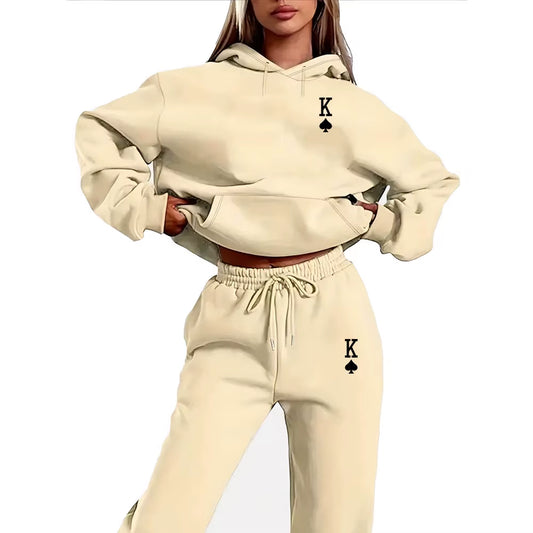 Women's 2-Piece K-Print Sports Suit - Hoodie & Sweatpants Jogging Set for Stylish Sportswear