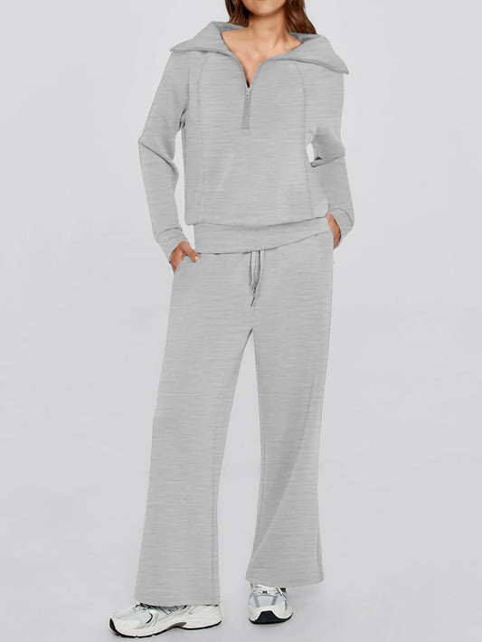 Women's 2-Piece Outfit Set - Oversized Half-Zip Sweatshirt & Drawstring Sweatpants with Pockets