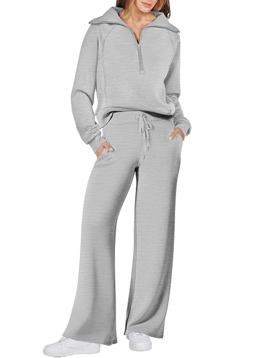 Women's 2-Piece Outfit Set - Oversized Half-Zip Sweatshirt & Drawstring Sweatpants with Pockets