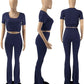 Women's 2-Piece Workout Sets - Sexy Crop Top + High Waisted Flared Long Pants