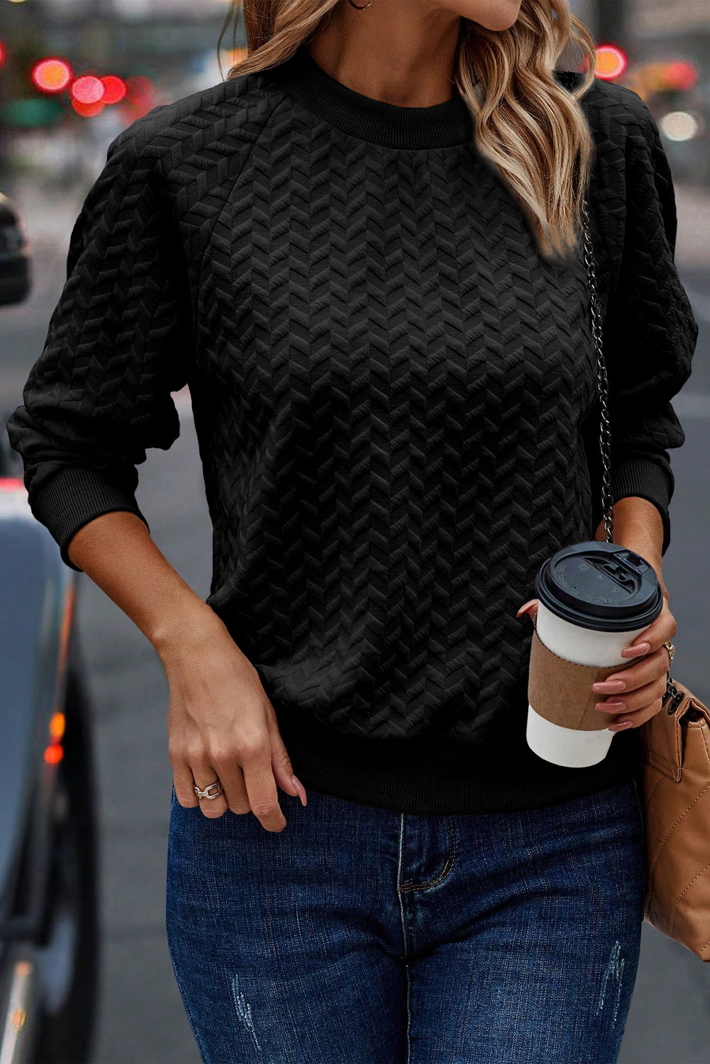 Textured Raglan Sleeve Pullover Sweatshirt