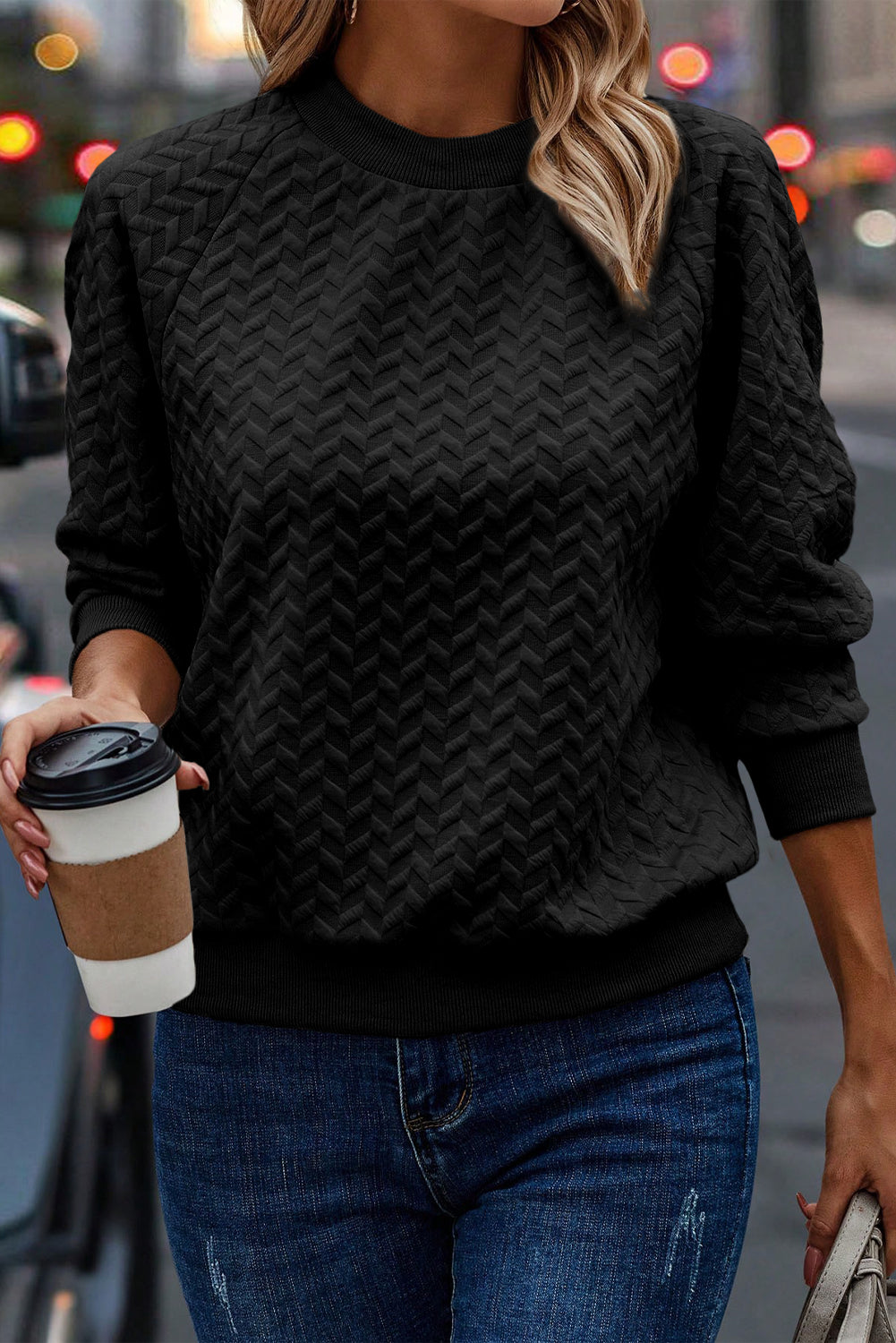 Textured Raglan Sleeve Pullover Sweatshirt