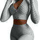 Women's 2-Piece Workout Set - Long Sleeve Crop Top + High Waist Bodycon Yoga Shorts