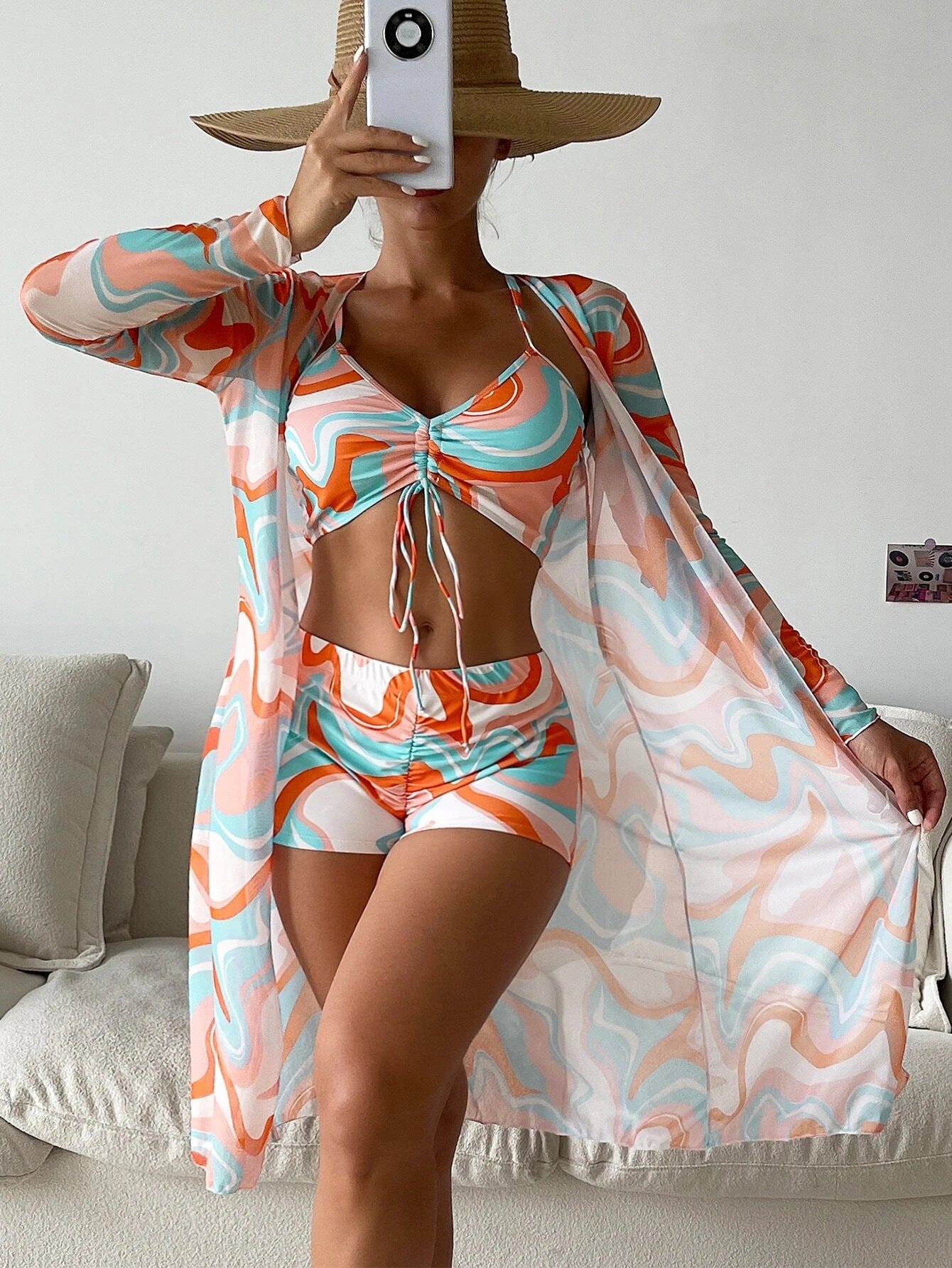 Swimsuit Women Split Three Piece Suit High Waist Long Sleeves Blouse Internet Celebrity Drawstring Suit - Sharpline Insights