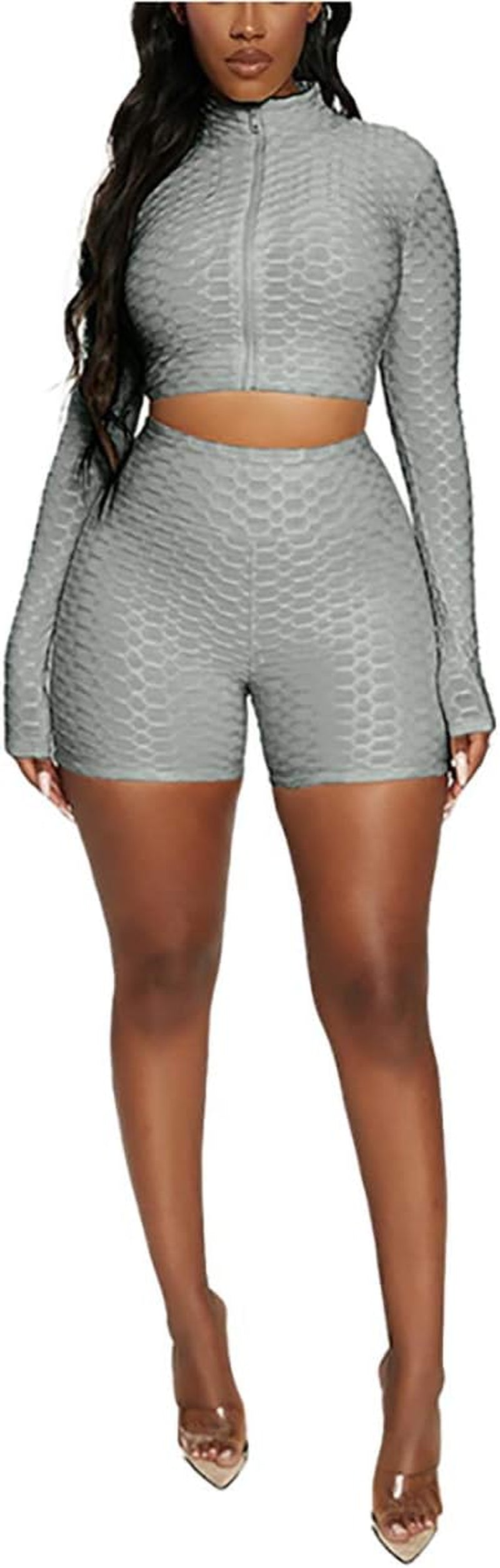 Women's 2-Piece Workout Set - Long Sleeve Crop Top + High Waist Bodycon Yoga Shorts