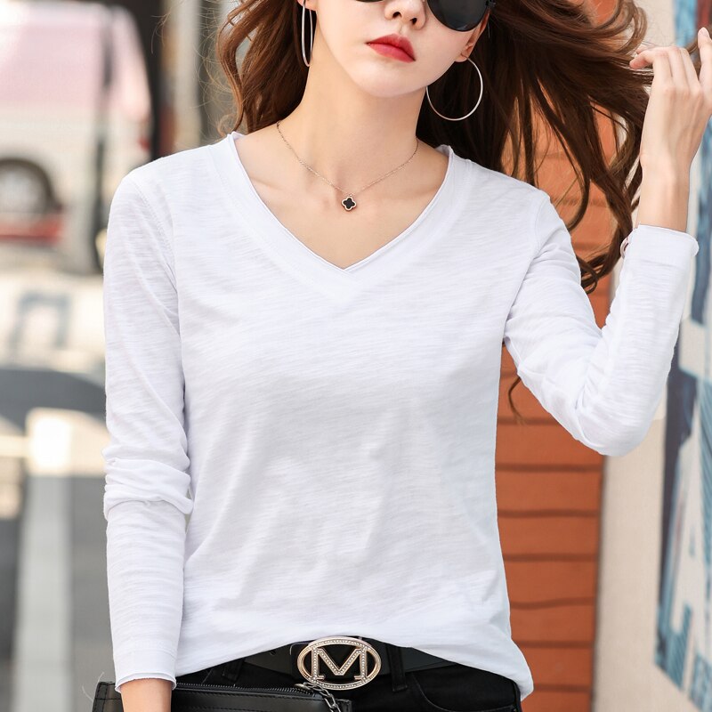 Women Frayed V-Neck Bamboo Cotton T-Shirts Spring 2022 Plus Size Loose Fashion Purple TShirt Ladies Cuffs Long Sleeve Khaki Tops - Sharpline Insights