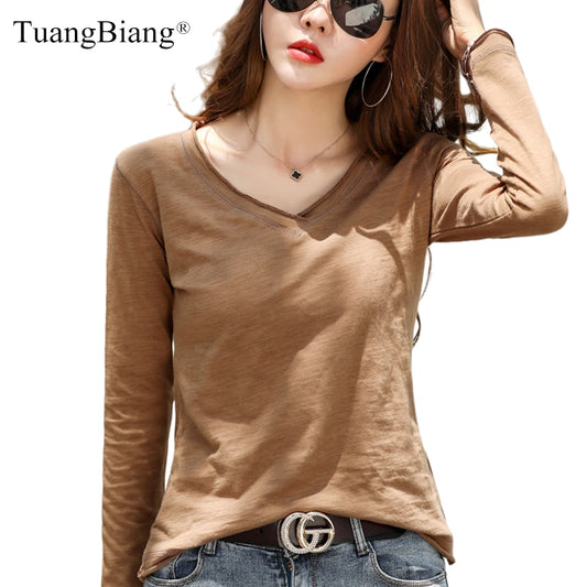 Women Frayed V-Neck Bamboo Cotton T-Shirts Spring 2022 Plus Size Loose Fashion Purple TShirt Ladies Cuffs Long Sleeve Khaki Tops - Sharpline Insights