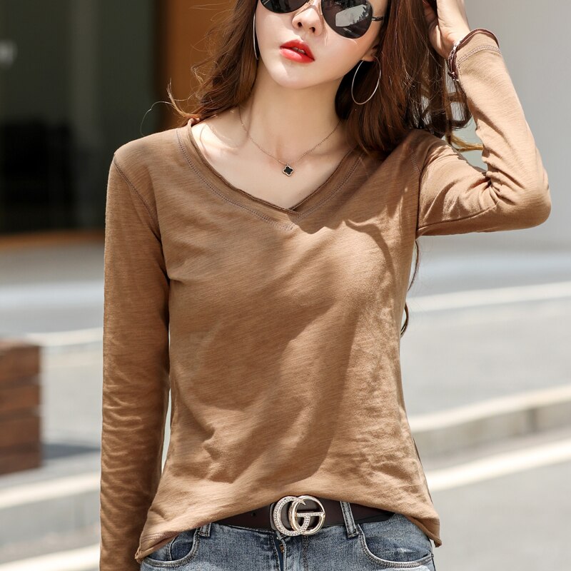 Women Frayed V-Neck Bamboo Cotton T-Shirts Spring 2022 Plus Size Loose Fashion Purple TShirt Ladies Cuffs Long Sleeve Khaki Tops - Sharpline Insights