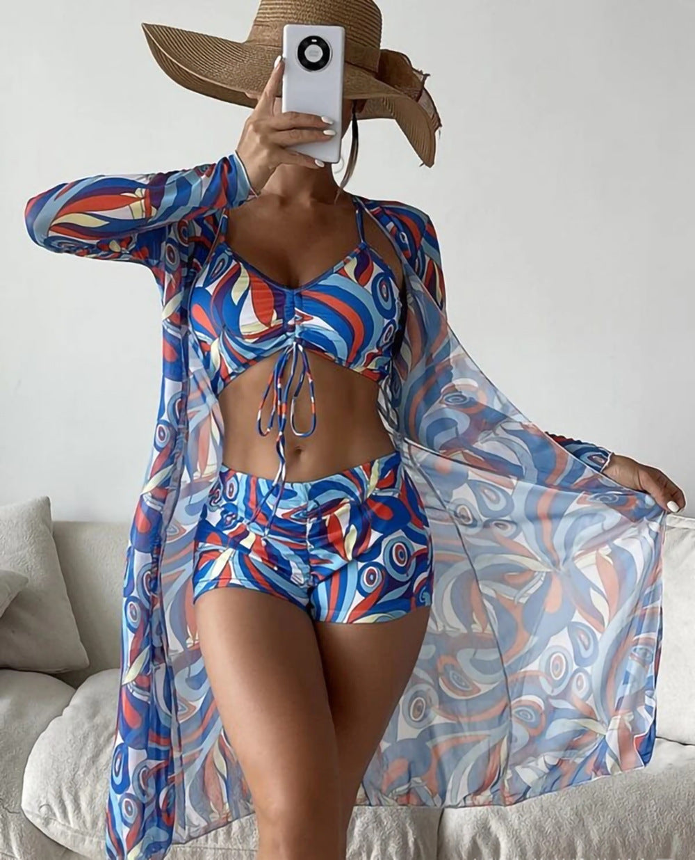 Swimsuit Women Split Three Piece Suit High Waist Long Sleeves Blouse Internet Celebrity Drawstring Suit - Sharpline Insights